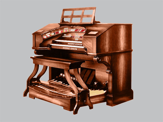 Click here to download a 1600 x 1200 JPG image of a scroll-top 2 manual WurliTzer console.