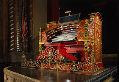 Click here to download a 4497 x 3117 JPG image of Big Bertha, the 4/28 Mighty WurliTzer Theatre Pipe Organ on stage at the Alabama Theatre in Birmingham, Alabama.