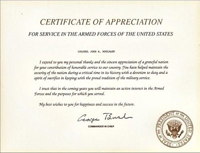 Click here to download a 609 x 467 JPG image showing a Certificate of Appreciation issued to Colonol Jack Moelmann by President Bush.