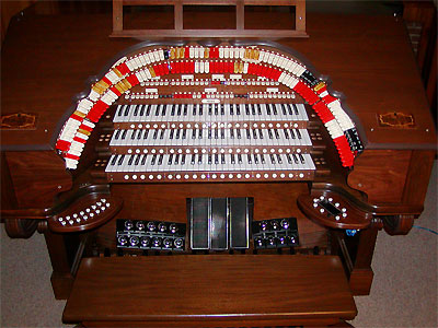 Click here to download a 1600 x 1200 JPG image looking down on the console of the 3/45 Mighty Walker Digital Theatre Organ.