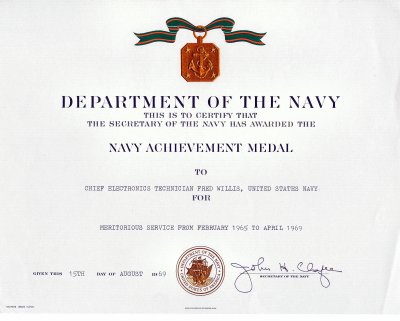 Click here to download a 2055 x 1647 JPG image showing the Meritorous Service Award given to Fred Willis by the US Navy.