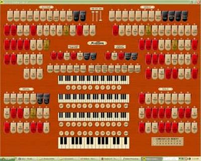 Screenshot of the three manual Mighty MidiTzer, a virtual 3/18 Mighty WurliTzer Balaban 4 Theatre Pipe Organ for your Windows desktop!