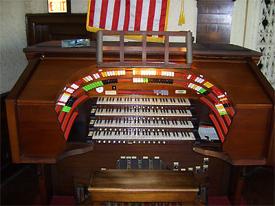 Click here to download a 3648 x 2736 JPG image showing the console of the 4/33 Mighty Mller Theatre Pipe Organ installed at the Cadet Chapel of the New York Military Academy.