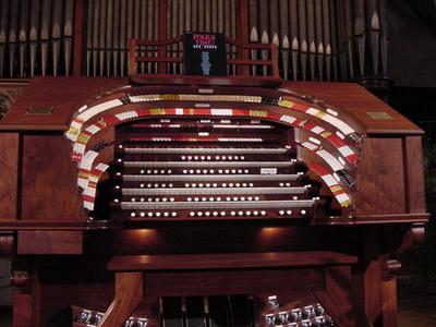 Allen's 5/49 TO-5Q Digital Theatre Organ, looking up from below the keydesk.