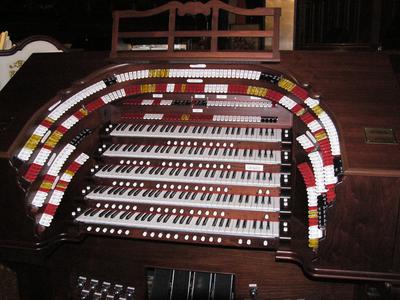 Allen's 5/49 TO-5Q Digital Theatre Organ, looking down at the keydesk.
