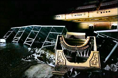 Here, we see the damage to the theatre, including distruction of the stage and loss of the 3/12 Mighty WurliTzer Theatre Pipe Organ console at the Paramount Theatre in Cedar Rapids, Iwoa.