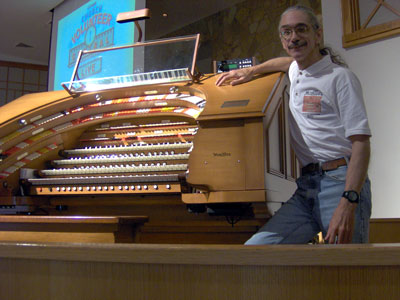 Click here to download a 2048 x 1536 JPG image of the Bone Doctor at the console of the J. Tyson Forker Memorial 4/32 Mighty WurliTzer Theatre Pipe Organ installed at Grace Baptist Church in Sarasota, Florida.