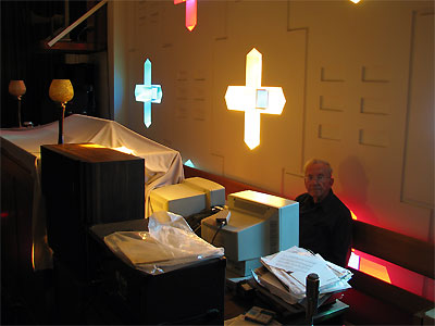 Click here to download a 2592 x 1944 JPG image showing the organ curator Bob Leonard working on the MIDI system in the balcony.