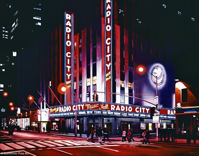 Click here to download a 2100 x 1650 JPG image showing the entrance to the Radio City Music Hall at night.