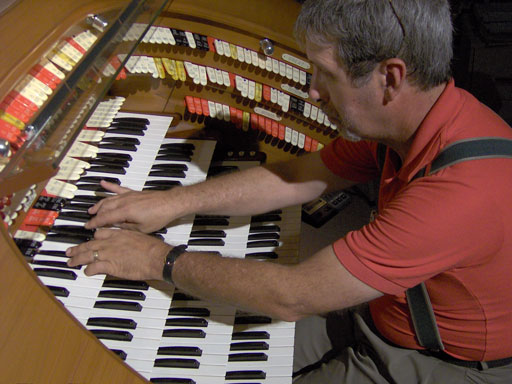 Tom Hoehn playing the J. Tyson Forker Memorial 4/32 Mighty WurliTzer Theatre Pipe Organ. Click here to download a 2048 x 1536 pixel JPG of this picture.