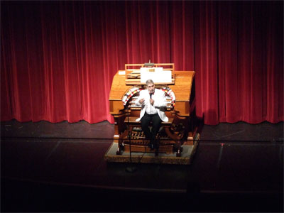 Click here to download a 2048 x 1536 JPG image showing Tom Hoehn at the console of the 3/16 Mighty WurliTzer Theatre Pipe Organ installed at Tom Worthington High School, Columbus, Ohio.