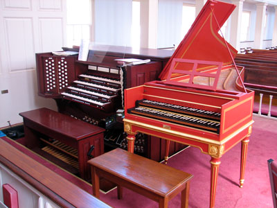 Click here to download a 2592 x 1944 JPG image showing the David Jaques Way Harpsichord next to the 4/93 Rodgers/Ruffatti/Wicks Church Pipe Organ at First United Methodist Church in Clearwater, Florida.