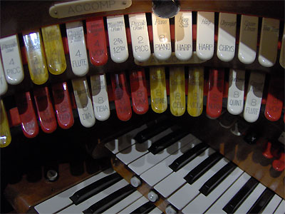 Click here to download a 2048 x 1536 JPG image showing the Accompaniment stops of the 3/16 Mighty WurliTzer Theatre Pipe Organ installed at Tom Worthington High School, Columbus, Ohio.