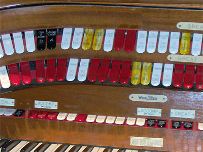 Click here to download a 2048 x 1536 JPG image showing the Great stops of the 3/16 Mighty WurliTzer Theatre Pipe Organ installed at Tom Worthington High School, Columbus, Ohio.